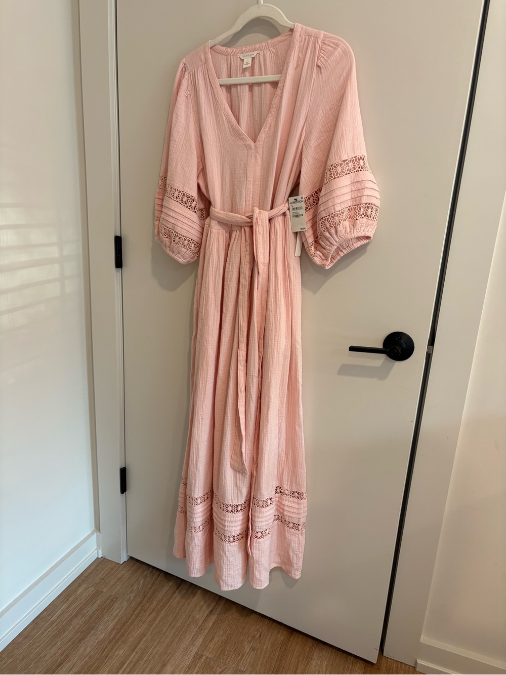 NWT Blush Pink Maxi Dress Puff Sleeve Boho Cottagecore Peasant Crochet Tie Waist - Picture 14 of 14